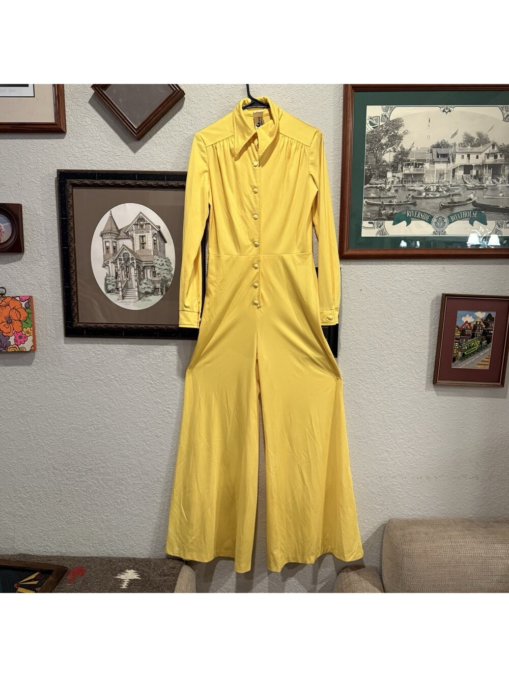 Vintage 60s/70s Womens Bell Bottom Jody T Yellow Disco Jumpsuit Size 14 Large